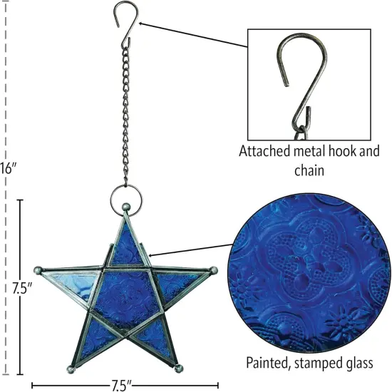 In the Breeze 9217 &mdash; Blue 5-Point Star Tealight Lantern &mdash; Moroccan-Style Boho Chic Glass and Metal Tealight Hanging Lantern {4}