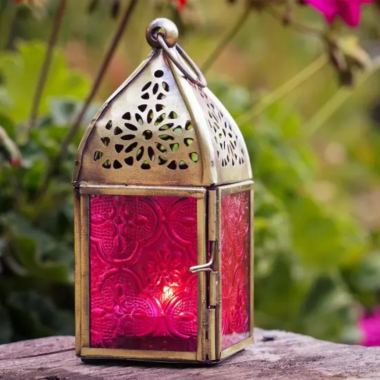 In the Breeze 9200 &mdash; Pink Mini Square Tealight Lantern &mdash; Moroccan-Style Boho Chic Tealight Glass and Metal Tabletop Lantern {2}