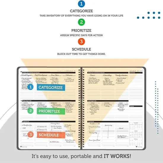 Planner Pad Spiral Bound January-December 2025/ Calendar Year 8 1/2" x 11" Large 3-Tier Funnel Down 12 Month Organizer, Black Cover/Black Ink {5}