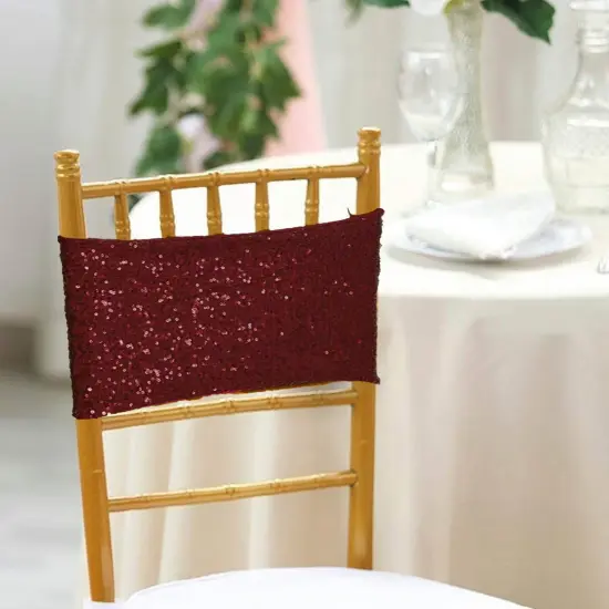 10 Pieces Elegant Burgundy Sequin Stretch Spandex Chair Bands 7 x 13 Inches {3}