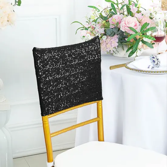 1 Piece Black Sequin Spandex Chair Cap 13.5 inch by 10 inch Banquet Wedding Cover {2}