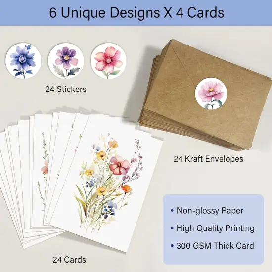 24 Floral Blank Cards and Envelopes, 4x6 Wildflower Blank Note Cards for All Occasions - Sympathy Thank You Condolences Funeral Thinking of You Mother's Day Wedding Graduation, Etc {2}
