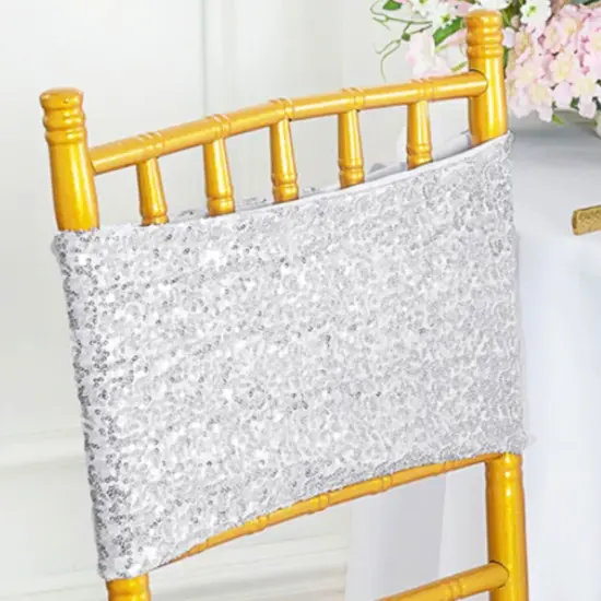 10 Pieces Sparkling Platinum Light Silver Sequin Spandex Chair Bands 7 x 13 Inches {4}