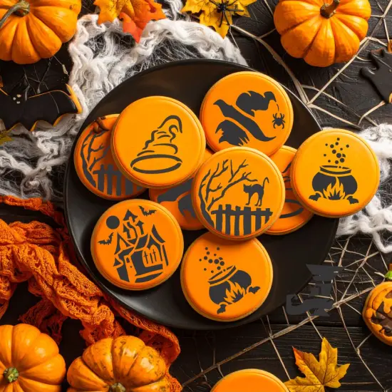 Halloween Cookie Stencil Set: Witch Shoe, Hat, Cauldron, Cat on Fence, Haunted House, Witch's Head | C575 by Designer Stencils | {2}