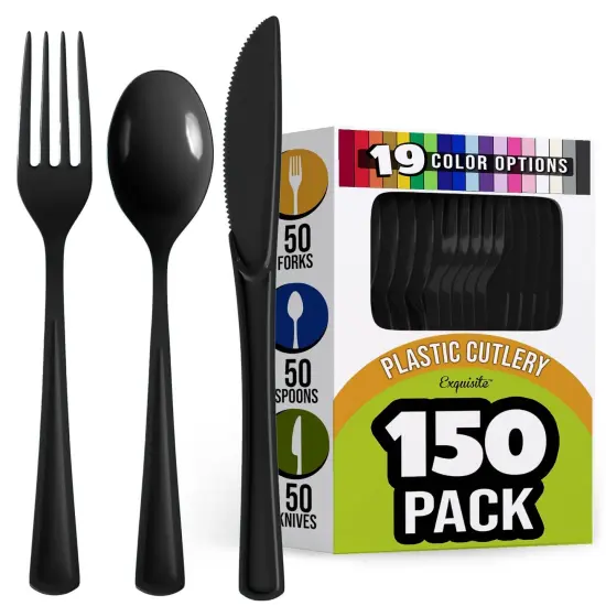 Exquisite Polished Plastic Silverware &ndash; 150 Pcs Heavy Duty Cutlery Set &ndash; 50 Each of Forks, Knives & Spoons &ndash; Disposable Utensil Set for Parties, Events & Catering &ndash; Flatware Set by Party Solids Black {1}