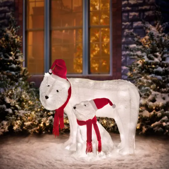 Haute Decor Mama and Baby Polar Bear (Set of 2) Easy Setup Outdoor Lighted Christmas Yard Decor with 50 Warm White LED Lights and Classic Red and White Hat and Scarf {2}