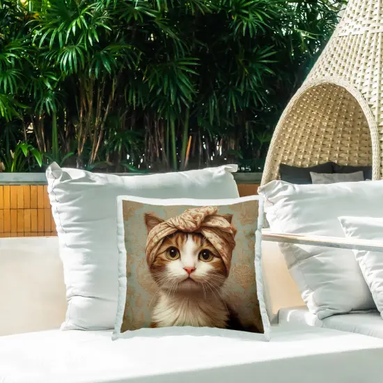 Stupell Industries Cat with Fashionable Turban Outdoor Pillow, 18 x 7 x 18 {2}
