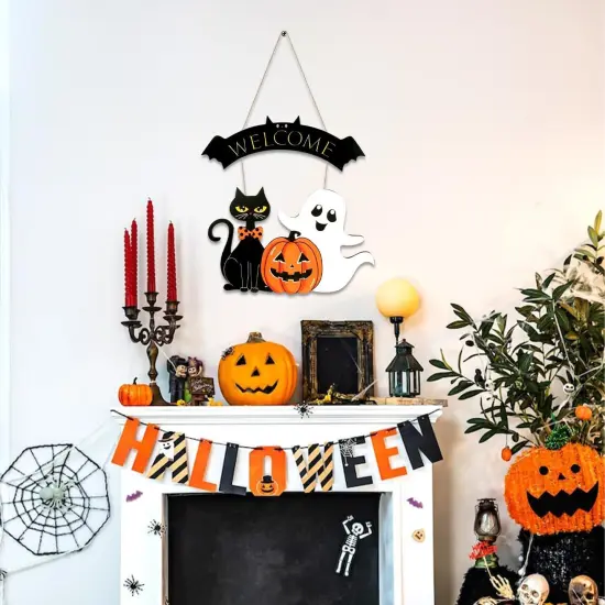 Halloween Decoration Wooden Ghost Door Wreath - Cat Pumpkin {2}