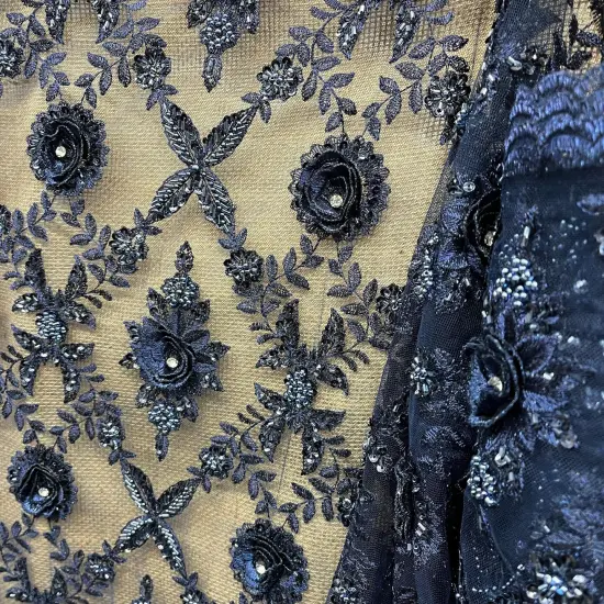 1 Yard Beaded 3D Floral Lace Fabric, Navy Embroidered Mesh, 100% Polyester, 51&rdquo; Wide {6}