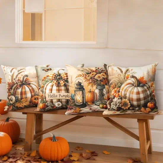 Hello Plaid Pumpkin Fall Throw Pillow Covers {2}