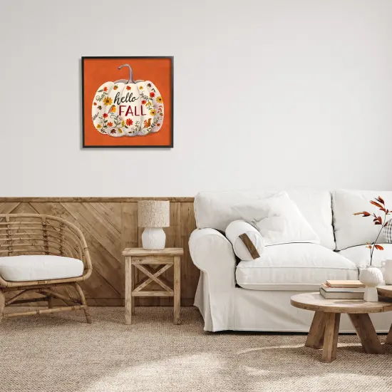Hello Fall Patterned White Pumpkin Floral Botanicals Framed Giclee Art Black {2}