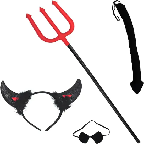 4E's Novelty 4 Pcs Black Devil Costume Set &ndash; Horns Headband, Tail, Pitchfork & Bowtie Accessories for Adults, Kids, Men & Women &ndash; Halloween Demon Costume Kit, Cosplay & Dress-Up Party Props {1}