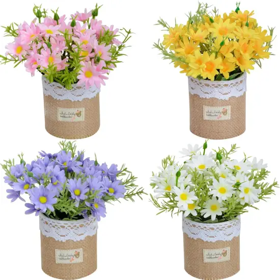 Summer Artificial Potted Flowers - Set of 4 Mini Fake Potted Silk Daisy Flowers {1}