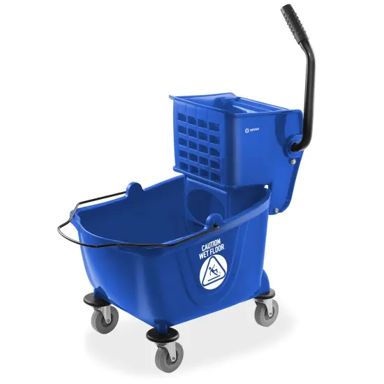 Dryser Commercial Janitorial Cleaning Cart on Wheels with Shelves and Vinyl Bag & Commercial Mop Bucket with Side Press Wringer, 26 Qt. Blue {3}