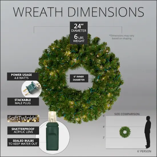 24" Pre-lit Commercial Sequoia Fir LED Christmas Wreath, 50 Warm White SoftTwinkle Lights {5}
