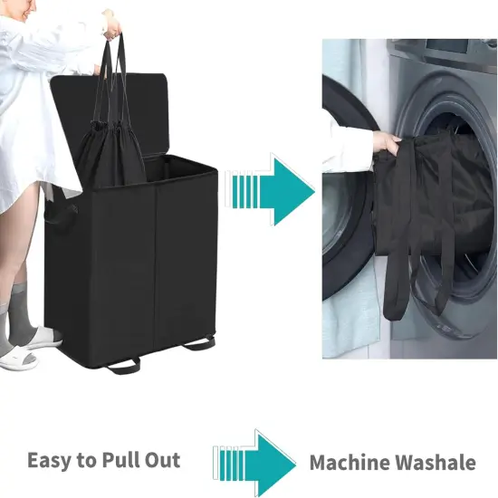 Double Laundry Hamper with Lid and Removable Bags, Laundry Basket 2 Section, Double Hampers for Laundry, Large Divided Hamper, Dual Laundry Hamper 2 Section with Handles Dorm 158L Black {4}