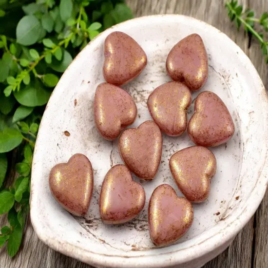 *10* 14mm Gold Lustered Mauve Pink Heart Beads {3}
