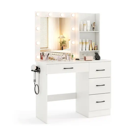 MDF Vanity Desk with Mirror, 3-Color Lighting, Storage and Charging Station Black {8}