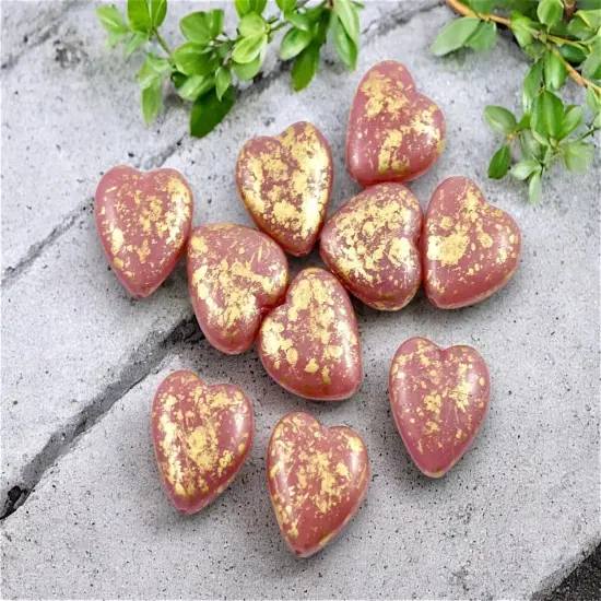 *10* 14mm Gold Splattered Mauve Pink Heart Beads {1}