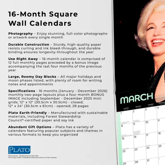 Marilyn Monroe OFFICIAL | 2026 12 x 24 Inch (Hanging) Monthly Square Wall Calendar | Foil Stamped Cover {6}