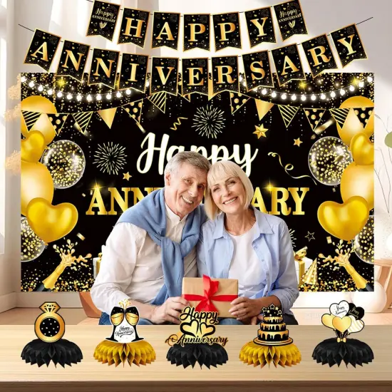 Black and Gold Anniversary Decorations - Banner, Backdrop, Honeycomb Centerpiece {5}