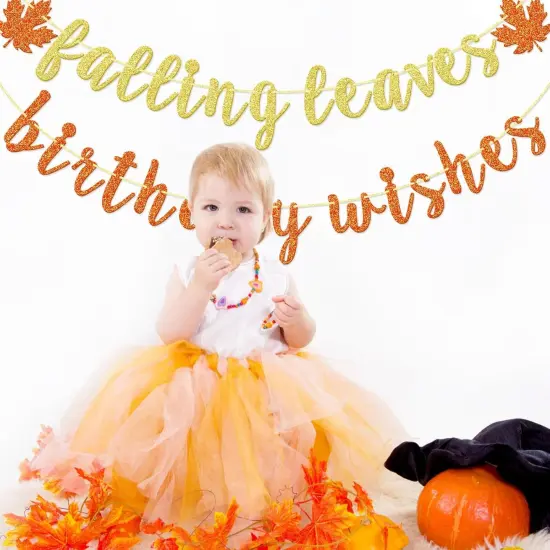 Falling Leaves Birthday Wishes Banner, Glitter Maple Leaves Birthday Banner {5}