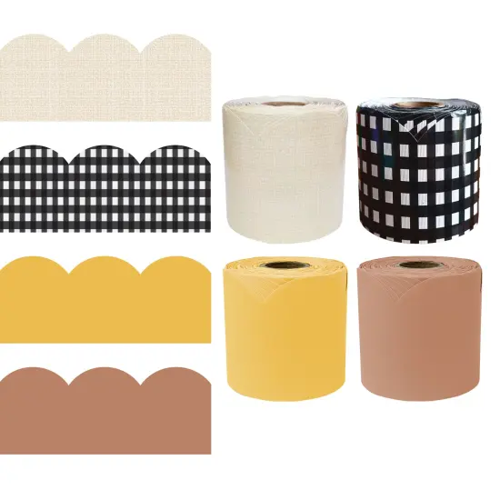 Carson Dellosa 260Ft Honey Bee Fall Bulletin Board Borders, 4Pack Scalloped Brown, Yellow, Linen, Gingham Bulletin Board Border for Bulletin Board, Modern Farmhouse Décor, Fall Décor, Classroom Décor {1}