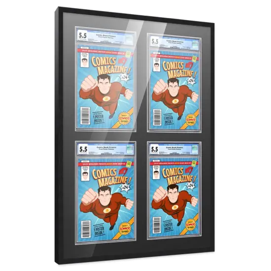 Comic Book Frame with Mat for 4 Graded Comics - Black Wood Comic Frame With Black Mat for 8.125x13 Comics - 20.75x30.5 Frame Size {7}