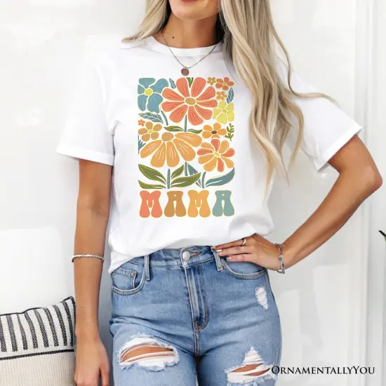 Boho Floral Mama T-Shirt, Natural and White Tee Large Flowers for Modern Moms {2}