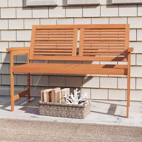 Outdoor Wooden Bench 2-Person Patio Bench with Slatted Backrest and Seat {1}