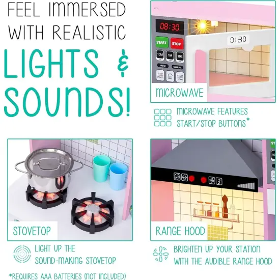 Lil' Jumbl Wooden Pretend Play Kitchen Set for Kids with Washer, Dryer, Sink, and Interactive Features Pink {5}