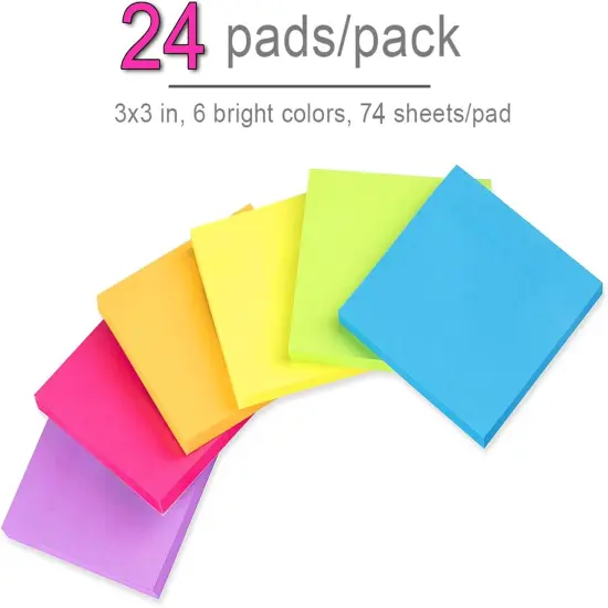 (24 Pack) Sticky Notes Post Bright Stickies Colorful Super Sticking Power Memo Pads, Strong Adhesive, 74 Sheets/pad {2}