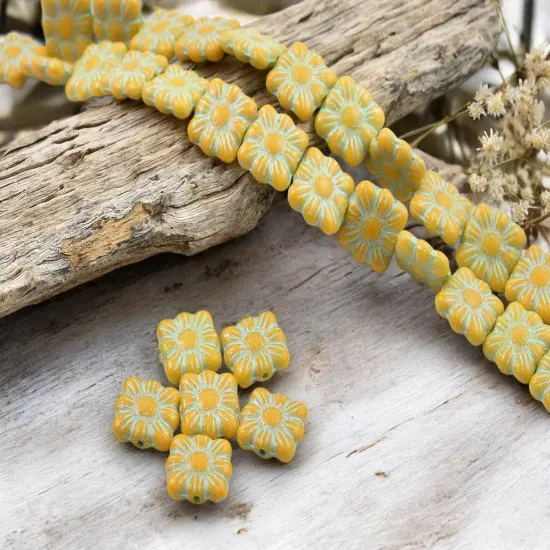 *13* 11mm Turquoise Washed Opaque Mango Square Zinnia Flower Beads {2}