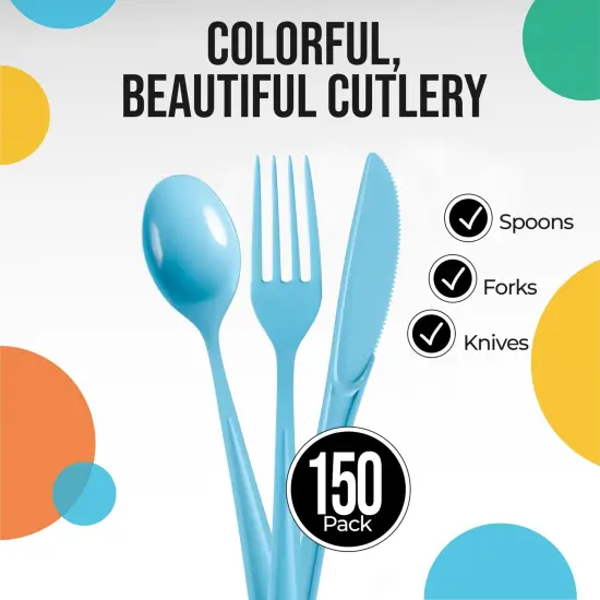 Exquisite Polished Plastic Silverware &ndash; 150 Pcs Heavy Duty Cutlery Set &ndash; 50 Each of Forks, Knives & Spoons &ndash; Disposable Utensil Set for Parties, Events & Catering &ndash; Flatware Set by Party Solids Light Blue {2}