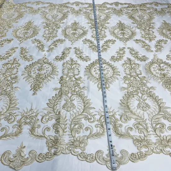 1 Yard Elegant Corded Bridal Lace Fabric Embroidered on 100% Polyester Net Mesh 52" Width Gold {1}