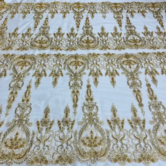 1 Yard Beaded & Corded Bridal Lace Fabric on 100% Polyester Net Mesh, Embroidered Lace Fabric, 51" Width Rose Gold {2}