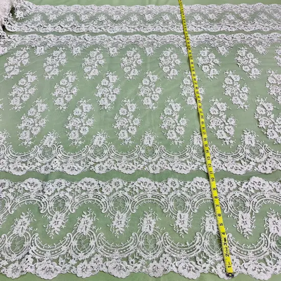 1 Yard White Beaded & Corded Bridal Lace Fabric, 51" Wide Embroidered Polyester Mesh Ivory {1}