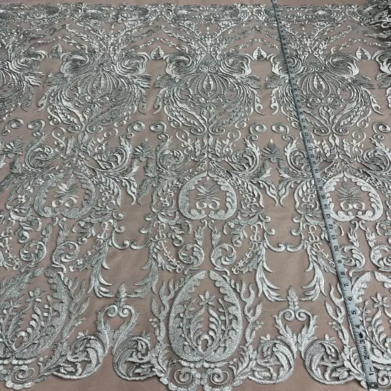 1 Yard White Corded Bridal Lace Fabric, 48&rdquo; Wide Embroidered Polyester Mesh Silver {3}