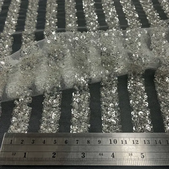 1 Yard Blush Beaded Lace Embroidered Fabric on Polyester Mesh, 54" Wide Off White Silver {1}