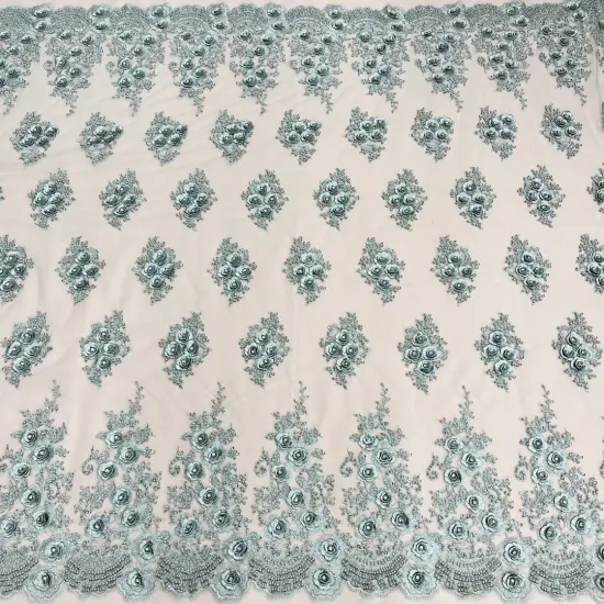 1 Yard Beaded & Rhinestone 3D Floral Embroidered Lace Fabric, Black Polyester Mesh, 54&rdquo; Wide Silver {1}