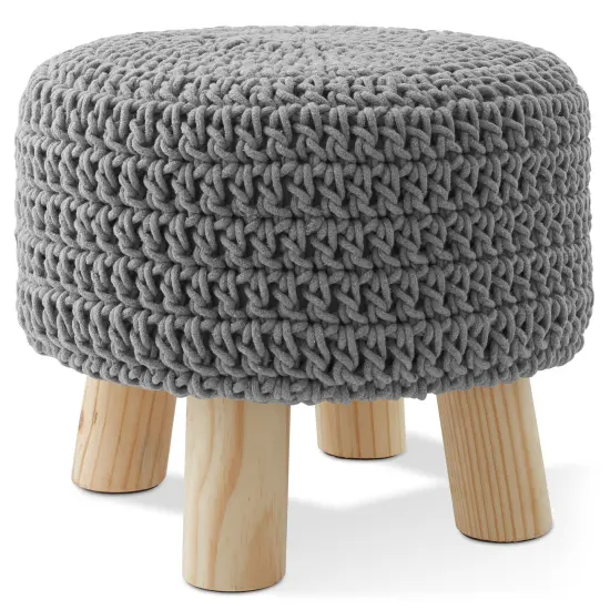 Pouf Ottoman Footstool, 13" Round x 11" High, Hand-Knitted Cotton Footrest, Non-Skid Wood Legs, Boho Foot Stool for Living Room, Bedroom {1}