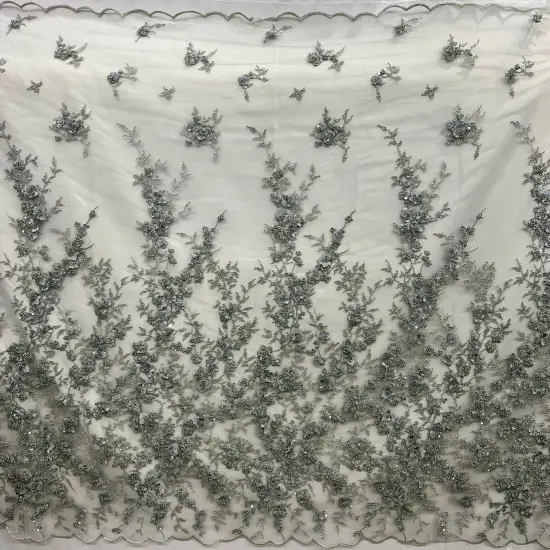 1 Yard Beaded 3D Floral Multitone Lace Fabric on 100% Polyester Net Mesh, Premium Embroidered Lace Fabric, 54" Width Sage {5}