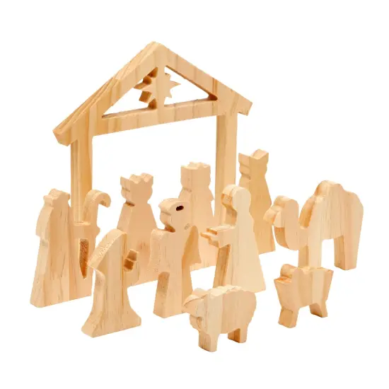 Unfinished Wooden Nativity Scene Set, DIY Christmas Decoration Crafts (11 Pieces) Brown {1}
