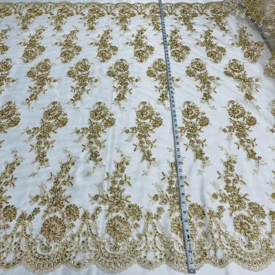 1 Yard Gold Beaded Corded Bridal Lace Fabric on Polyester Mesh, 53" Wide, Embroidered Luxury Fabrication {1}