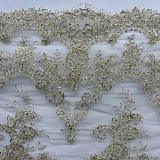1 Yard Elegant Corded Bridal Lace Fabric Embroidered on 100% Polyester Net Mesh 52" Width Silver Metallic {6}