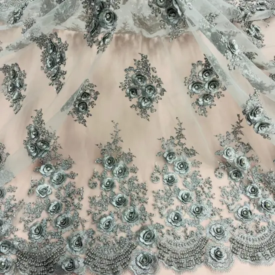 1 Yard Beaded & Rhinestone 3D Floral Embroidered Lace Fabric, Black Polyester Mesh, 54&rdquo; Wide Silver {6}