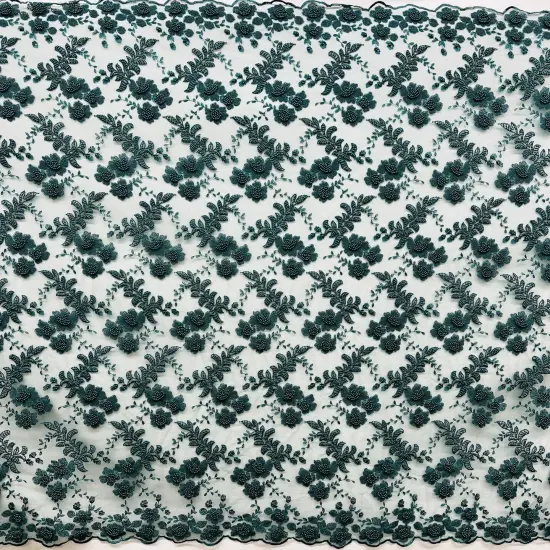 1 Yard Jade Beaded Lace Fabric with Pearls Embroidered on 100% Polyester Net Mesh 52" Width {5}