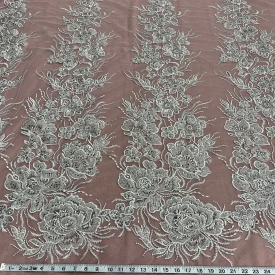 1 Yard Beaded Lace Fabric with Embroidery on 100% Polyester Mesh Net, Elegant Craft & Apparel Fabric (52" Width) Silver {3}