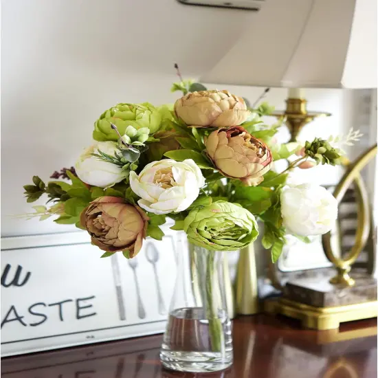 2 Bouquets Artificial Peonies Silk Flowers and Hydrangeas - Country Rustic (Beige, Green & Brown) {3}