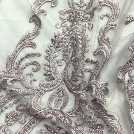 1 Yard Luxurious Beaded and Corded Bridal Lace Fabric Embroidered on 100% Polyester Net Mesh Blush 54" Width Grey {5}